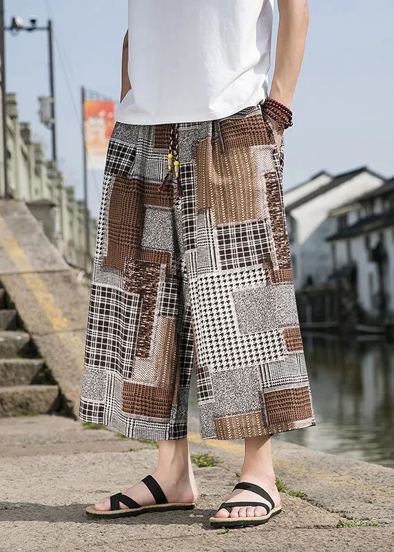 Cute Blue Pockets Print Ice Silk Men Crop Pants Summer SA041