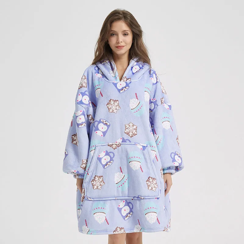 Cute Print Hoodies Sweater Winter Thickened Plush Fleece Sofa Blanket Home Clothes Oversized Lazy Homewear Pajamas With Pocket