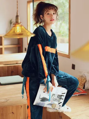 Dark Green Ribbon Coral Fleece Pajamas Women Thickened Warm Flannel