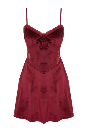 DARK RED Soft Feel Lace Rope Strap Velvet Knitted Nightgown