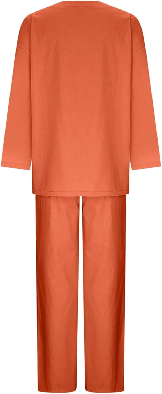 DDAPJ pyju Women's Cotton Linen Two Piece Outfits Fall Fashion Long Sleeve Oversized Lounge Sets Casual Wide Leg Pants Suits