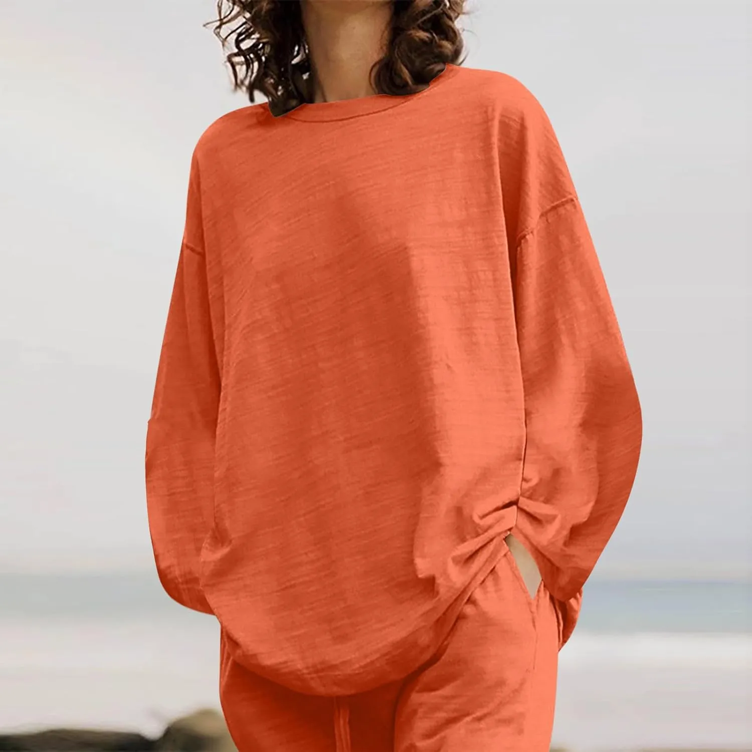 DDAPJ pyju Women's Cotton Linen Two Piece Outfits Fall Fashion Long Sleeve Oversized Lounge Sets Casual Wide Leg Pants Suits