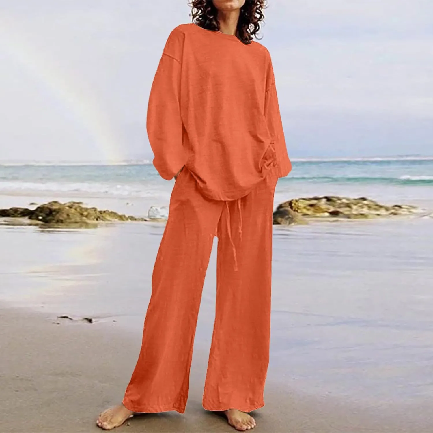 DDAPJ pyju Women's Cotton Linen Two Piece Outfits Fall Fashion Long Sleeve Oversized Lounge Sets Casual Wide Leg Pants Suits