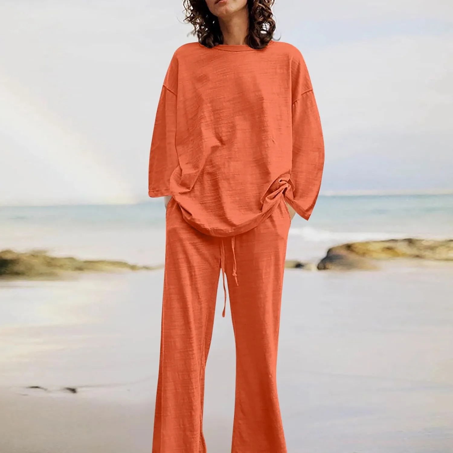 DDAPJ pyju Women's Cotton Linen Two Piece Outfits Fall Fashion Long Sleeve Oversized Lounge Sets Casual Wide Leg Pants Suits