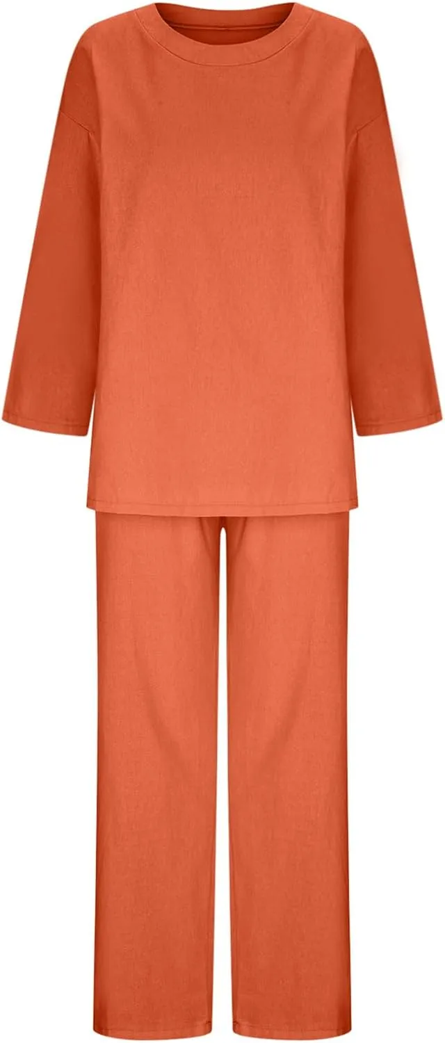 DDAPJ pyju Women's Cotton Linen Two Piece Outfits Fall Fashion Long Sleeve Oversized Lounge Sets Casual Wide Leg Pants Suits