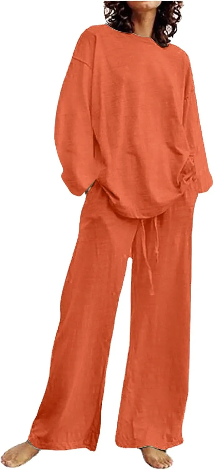 DDAPJ pyju Women's Cotton Linen Two Piece Outfits Fall Fashion Long Sleeve Oversized Lounge Sets Casual Wide Leg Pants Suits