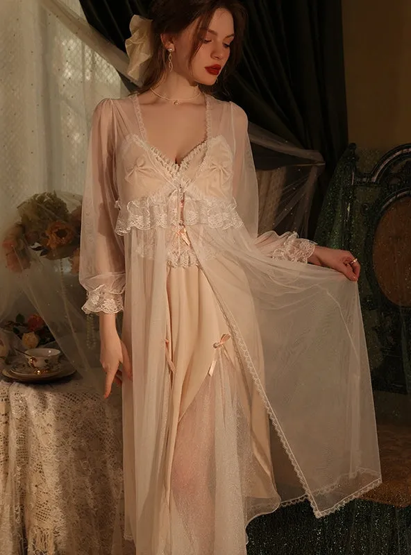 Deep V Bow Lace Nightdress with Chest Pad
