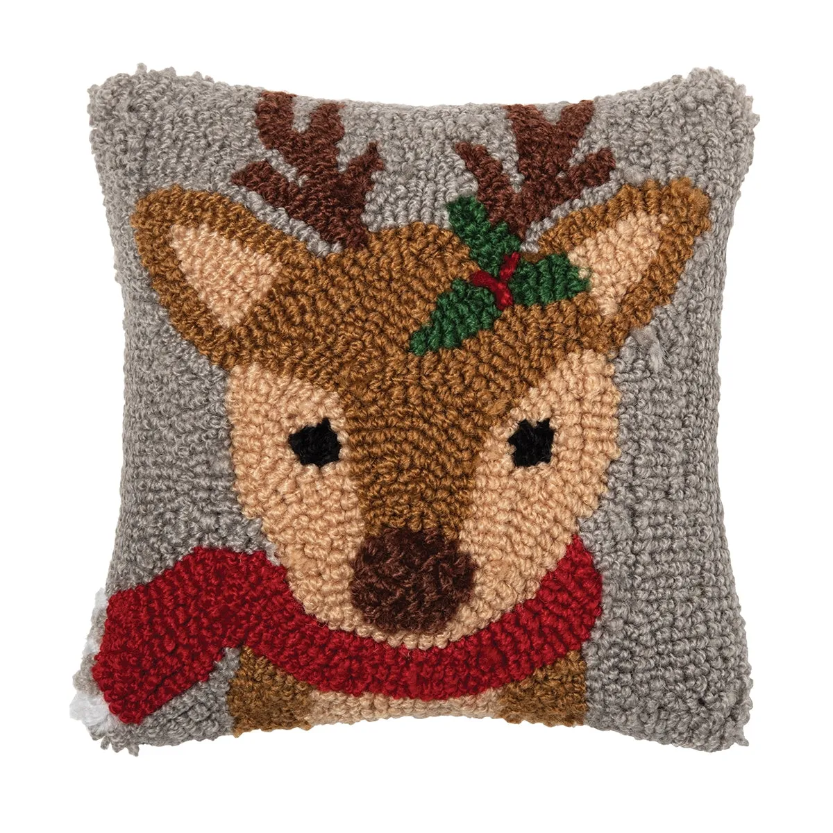 Deer With Scarf and Holly 8x8 Pillow