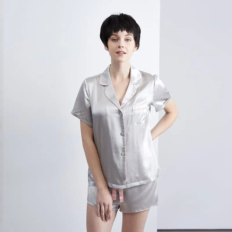DISANGNI Women's Silk Pajamas Short Sleeve Sleepwear Button Down 22 Momme 100% Mulberry Silk Two Piece Pajama Set