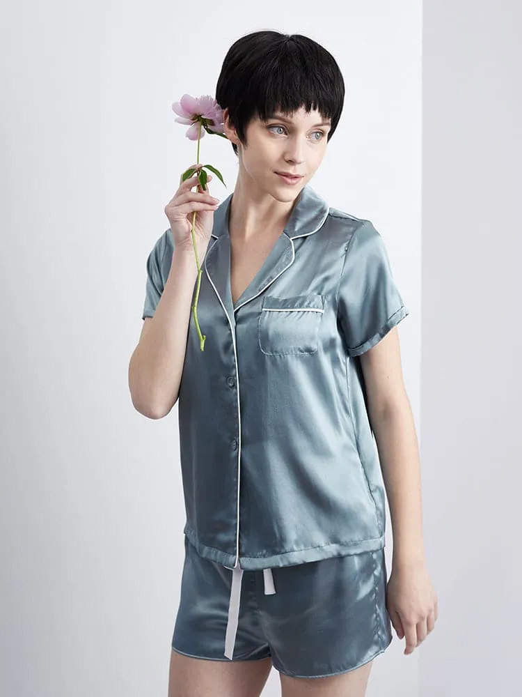 DISANGNI Women's Silk Pajamas Short Sleeve Sleepwear Button Down 22 Momme 100% Mulberry Silk Two Piece Pajama Set
