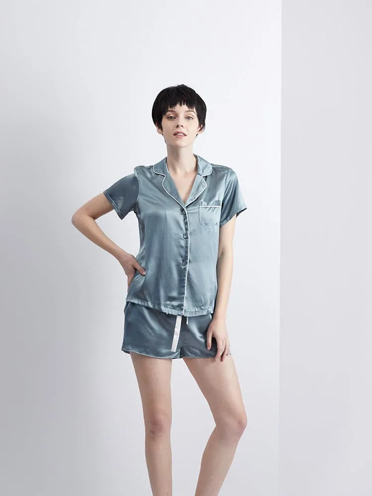 DISANGNI Women's Silk Pajamas Short Sleeve Sleepwear Button Down 22 Momme 100% Mulberry Silk Two Piece Pajama Set
