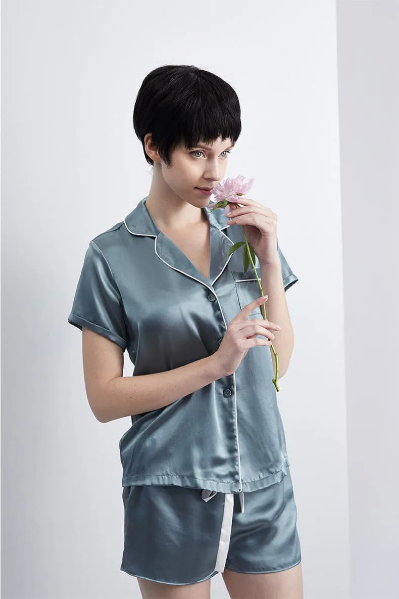 DISANGNI Women's Silk Pajamas Short Sleeve Sleepwear Button Down 22 Momme 100% Mulberry Silk Two Piece Pajama Set