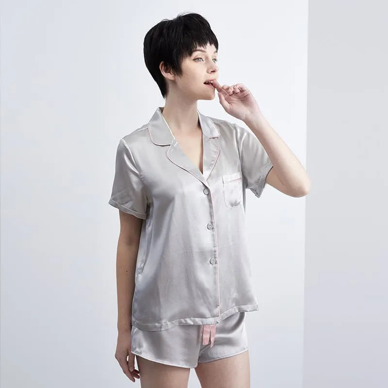 DISANGNI Women's Silk Pajamas Short Sleeve Sleepwear Button Down 22 Momme 100% Mulberry Silk Two Piece Pajama Set