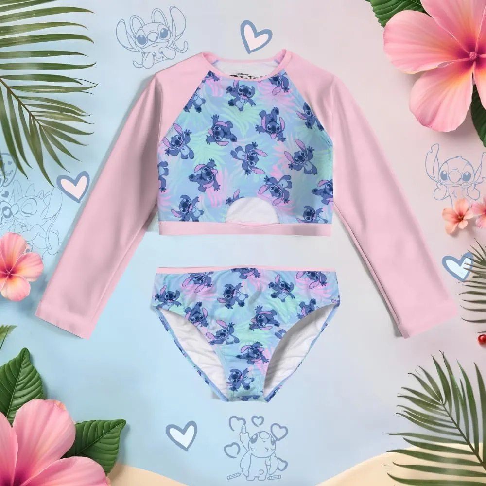 Disney Lilo & Stitch Girls 2-Piece Swimsuit Set, Long-Sleeved Rash Guard and Bikini Bottoms, Quick-Drying Swimwear for Kids