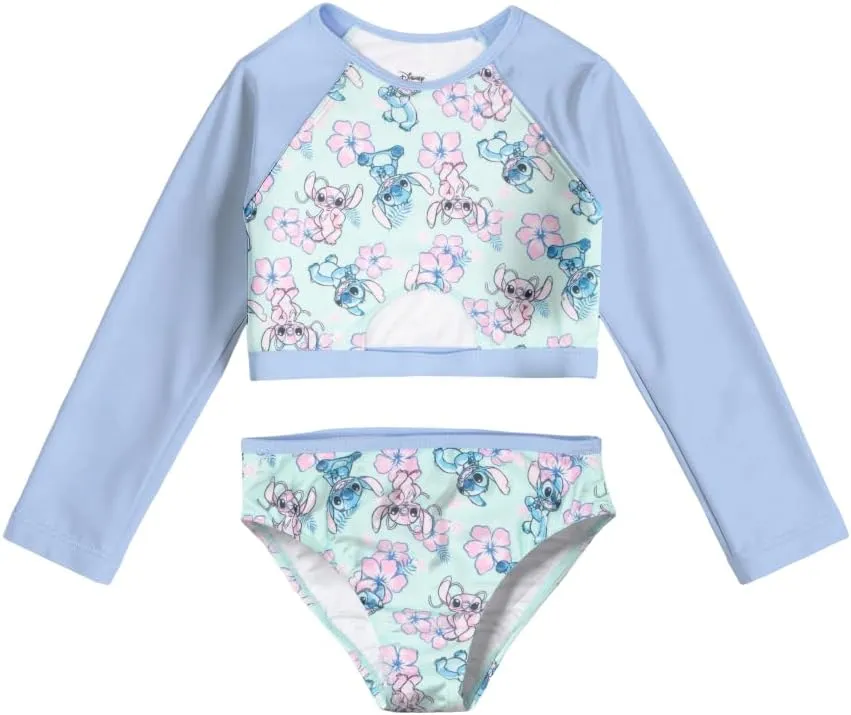 Disney Lilo & Stitch Girls 2-Piece Swimsuit Set, Long-Sleeved Rash Guard and Bikini Bottoms, Quick-Drying Swimwear for Kids