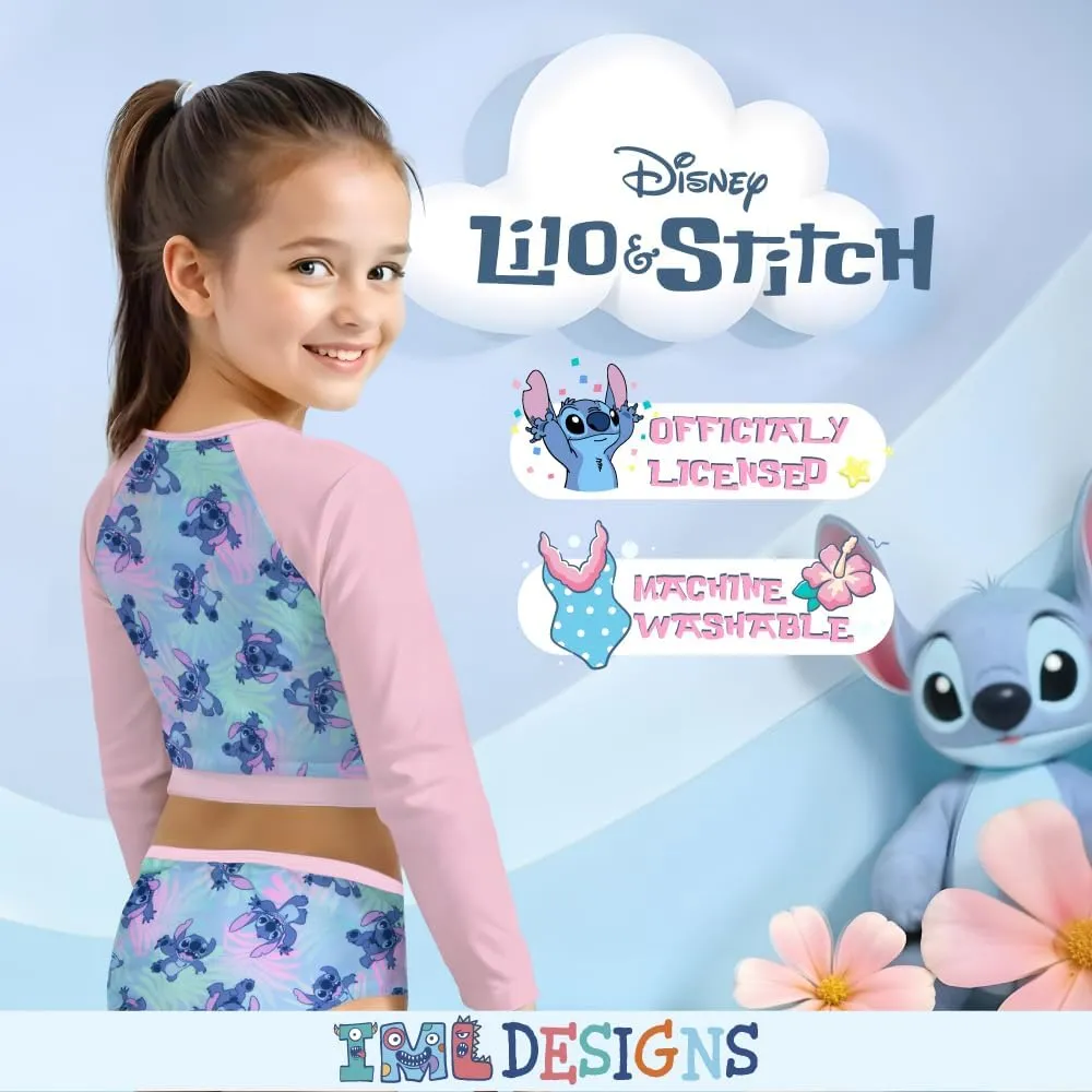 Disney Lilo & Stitch Girls 2-Piece Swimsuit Set, Long-Sleeved Rash Guard and Bikini Bottoms, Quick-Drying Swimwear for Kids