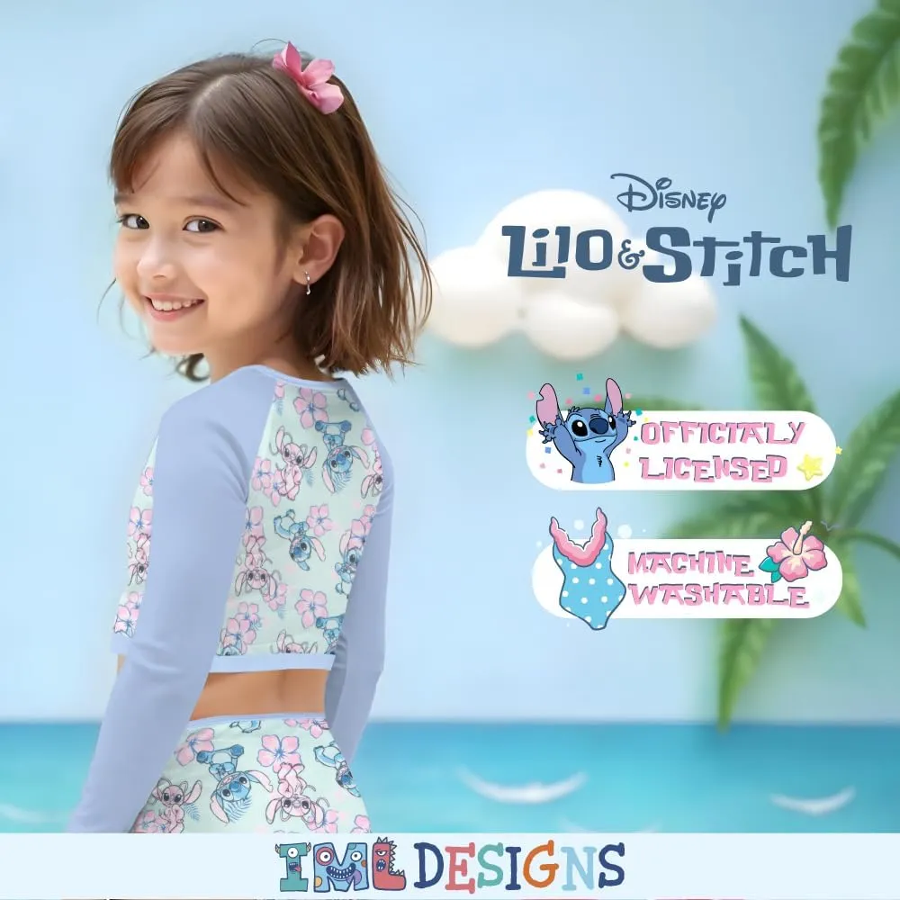 Disney Lilo & Stitch Girls 2-Piece Swimsuit Set, Long-Sleeved Rash Guard and Bikini Bottoms, Quick-Drying Swimwear for Kids