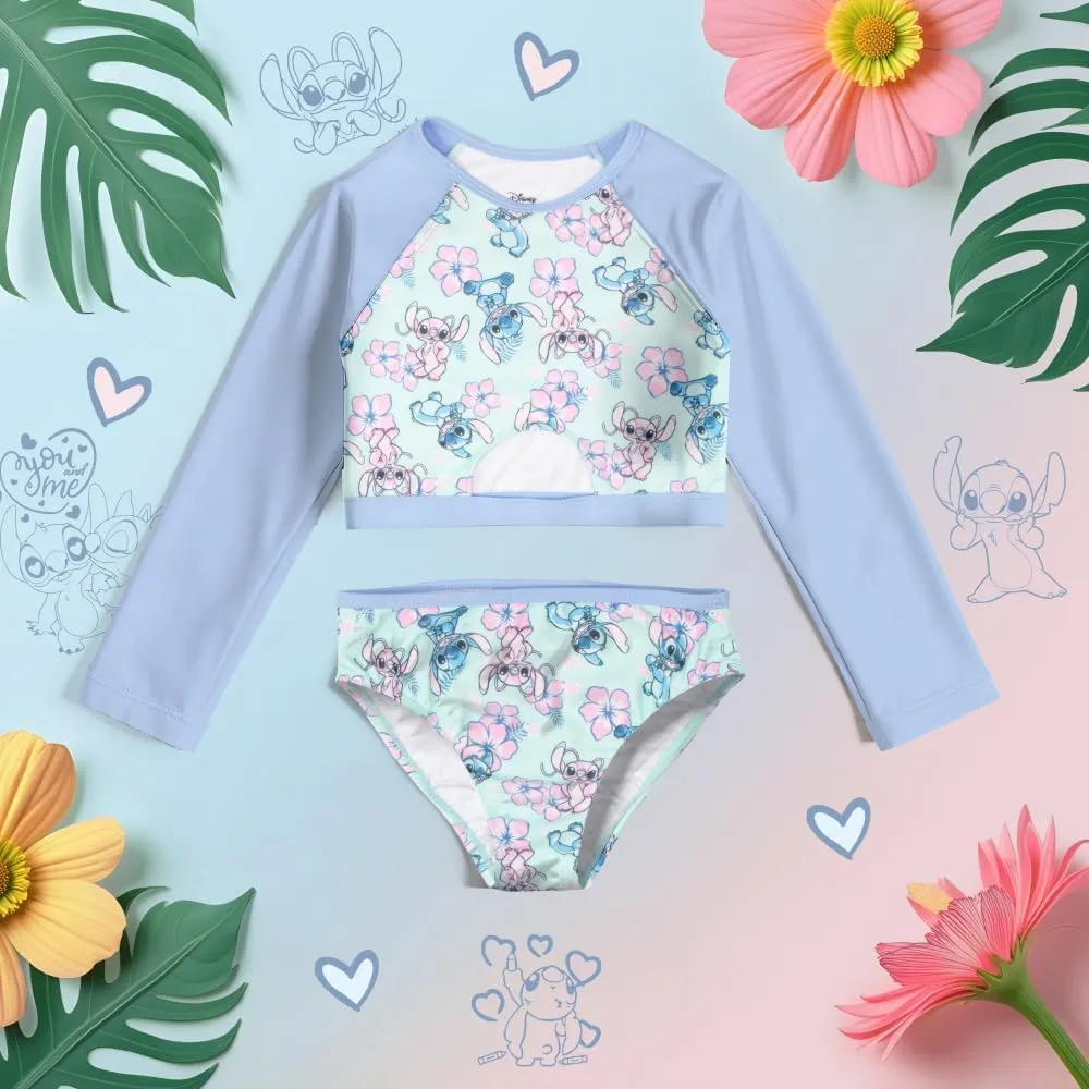 Disney Lilo & Stitch Girls 2-Piece Swimsuit Set, Long-Sleeved Rash Guard and Bikini Bottoms, Quick-Drying Swimwear for Kids