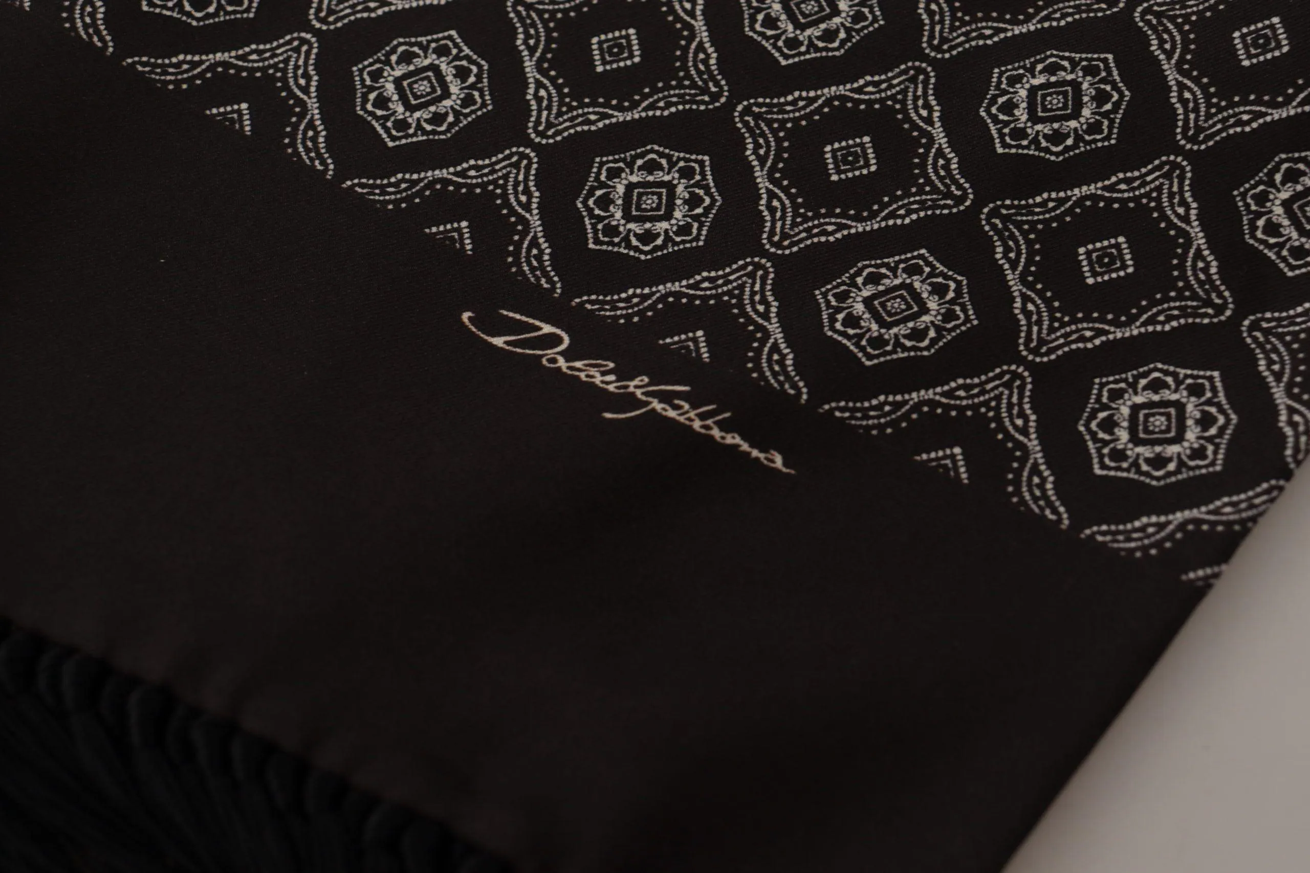 Dolce & Gabbana Black Silk Geometric Logo Print Shawl Fringe Scarf