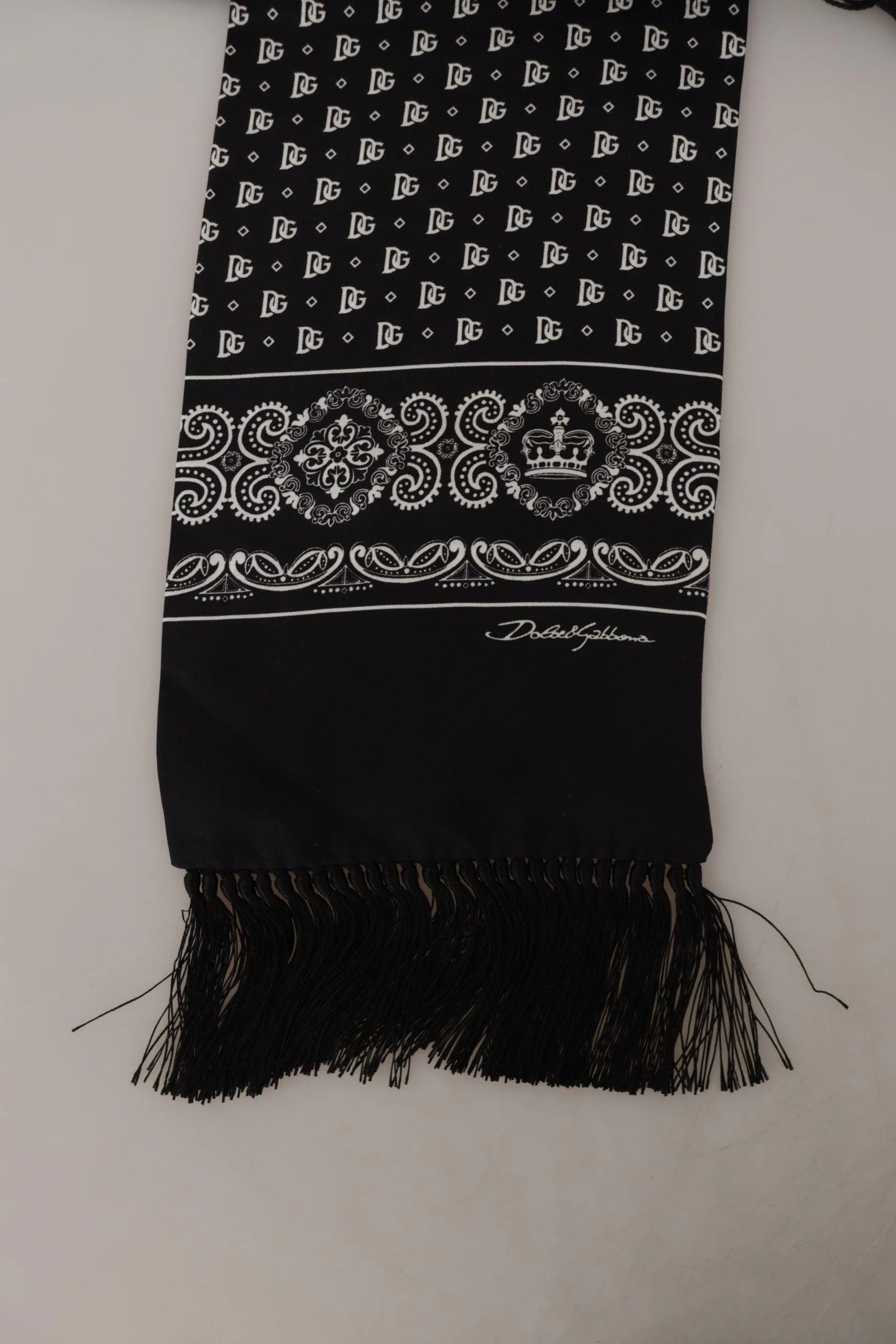 Dolce & Gabbana Black Silk Logo Crown Neck Wrap Shawl Fringe Scarf