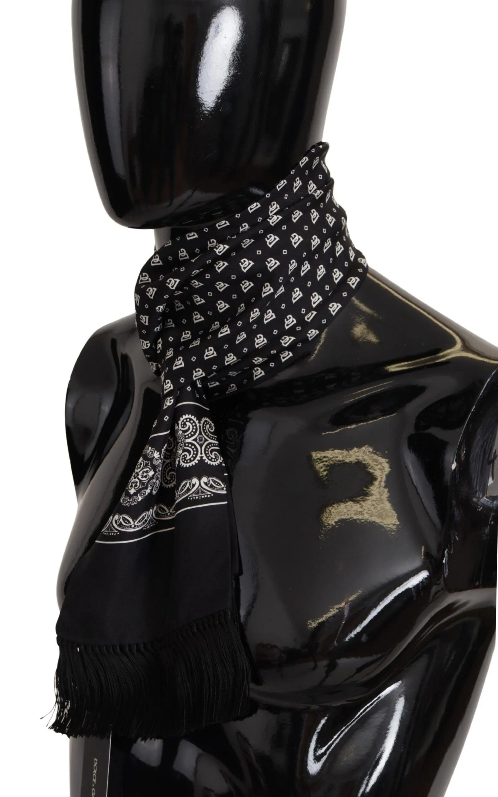 Dolce & Gabbana Black Silk Logo Crown Neck Wrap Shawl Fringe Scarf