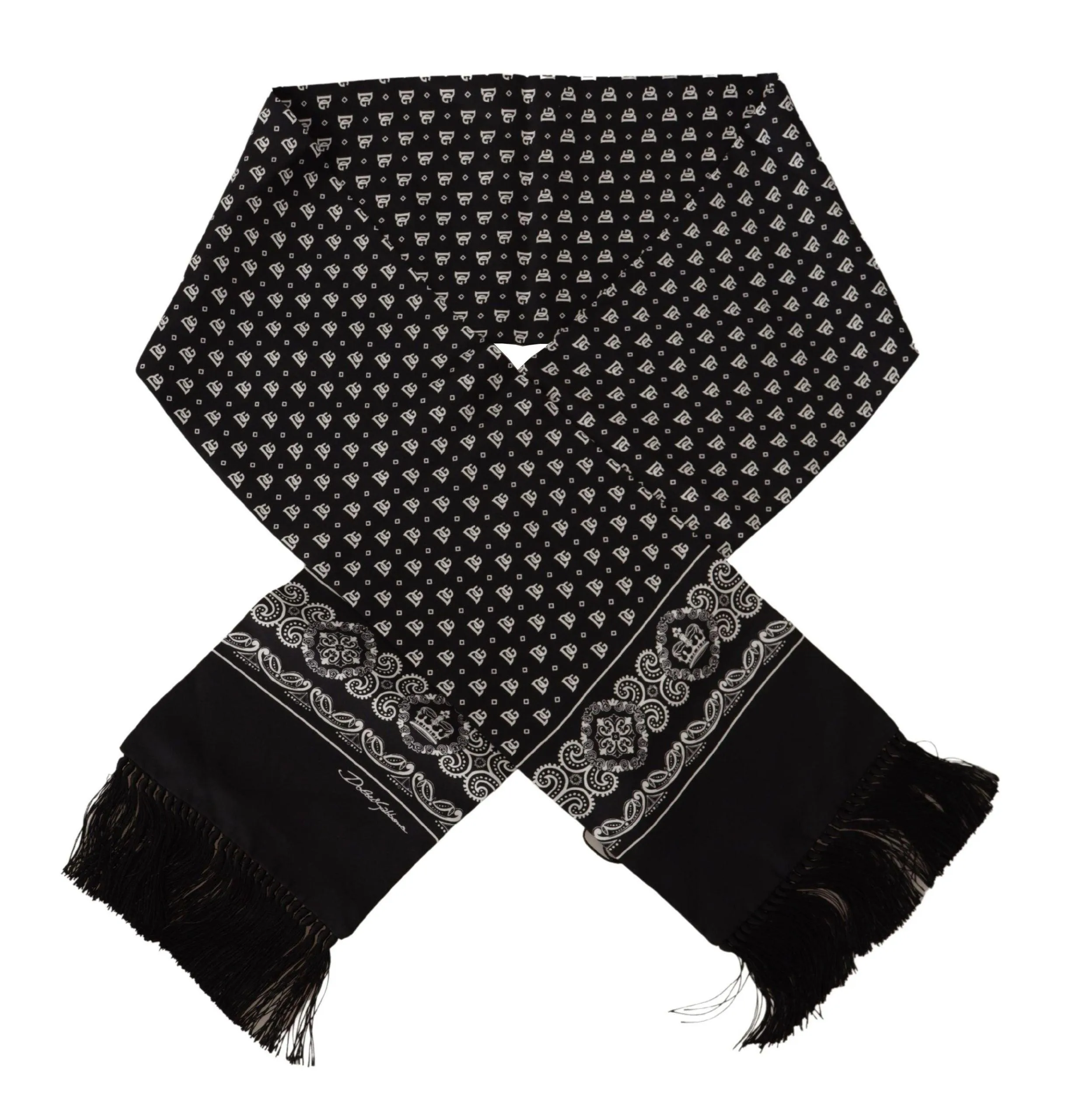 Dolce & Gabbana Black Silk Logo Crown Neck Wrap Shawl Fringe Scarf