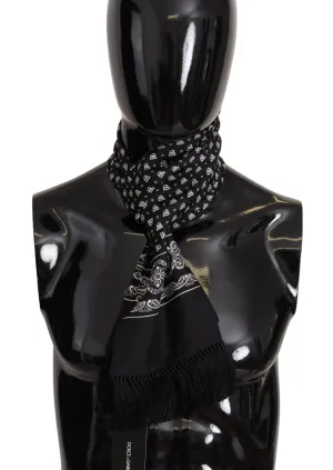 Dolce & Gabbana Black Silk Logo Crown Neck Wrap Shawl Fringe Scarf