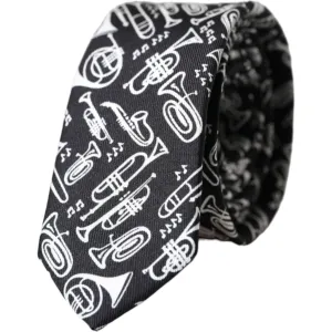 Dolce & Gabbana Black Trumpet Print Silk Adjustable Tie