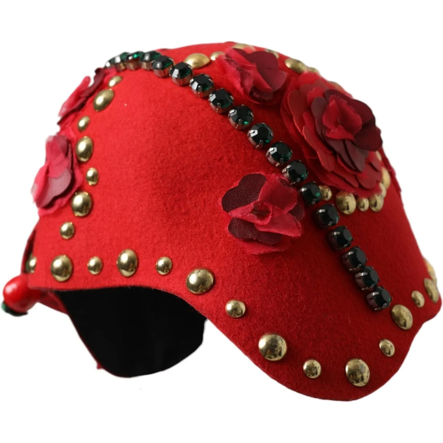 Dolce & Gabbana Red Crystal Gold Roses Brooch Embellished Hat