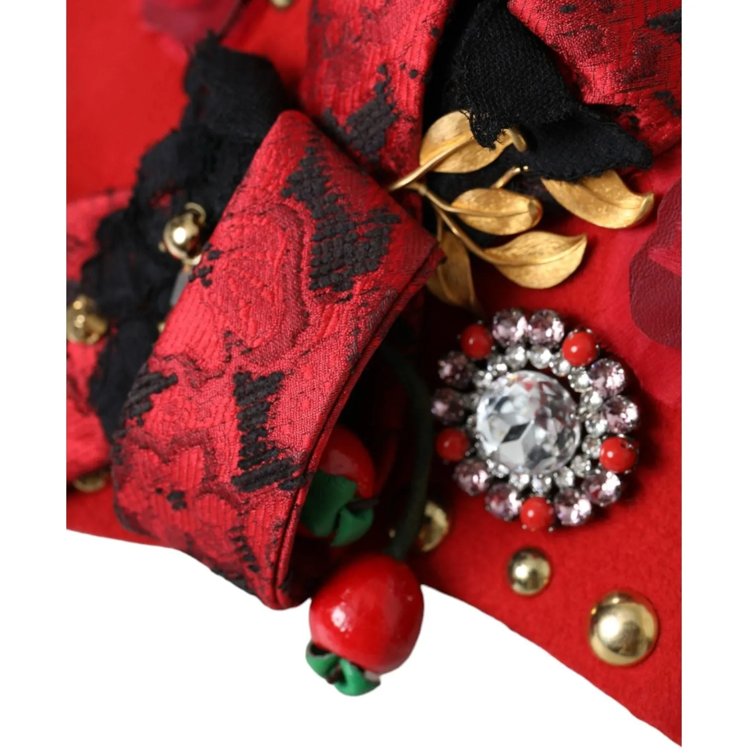 Dolce & Gabbana Red Crystal Gold Roses Brooch Embellished Hat