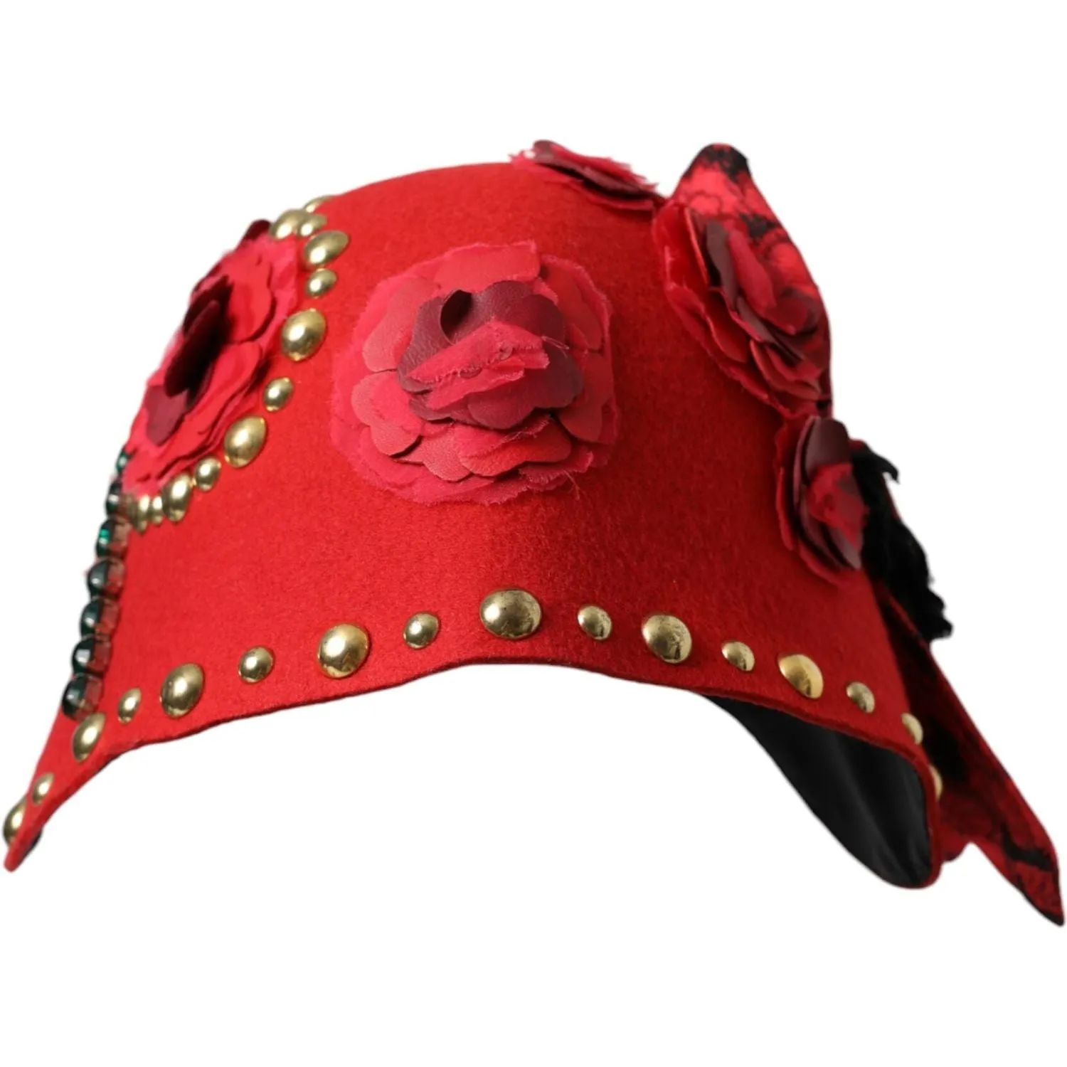 Dolce & Gabbana Red Crystal Gold Roses Brooch Embellished Hat