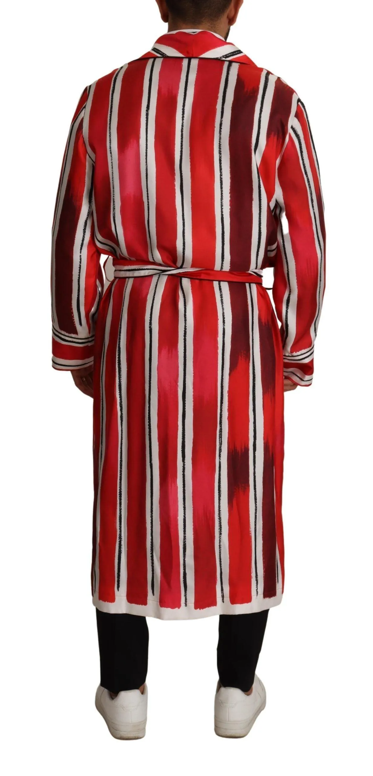 Dolce & Gabbana Red White Striped Silk Mens Night Gown Robe