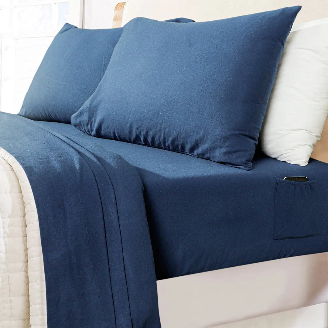 Double Brushed Flannel Sheet Set- Navy Checks 100% Cotton | Deep Pocket & Pill Resistance