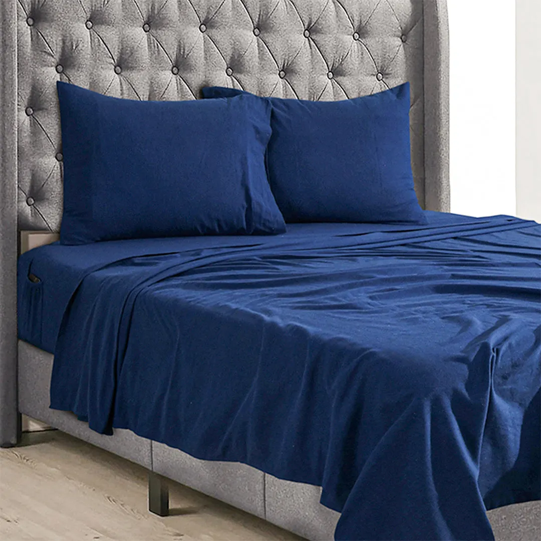 Double Brushed Flannel Sheet Set- Navy Checks 100% Cotton | Deep Pocket & Pill Resistance