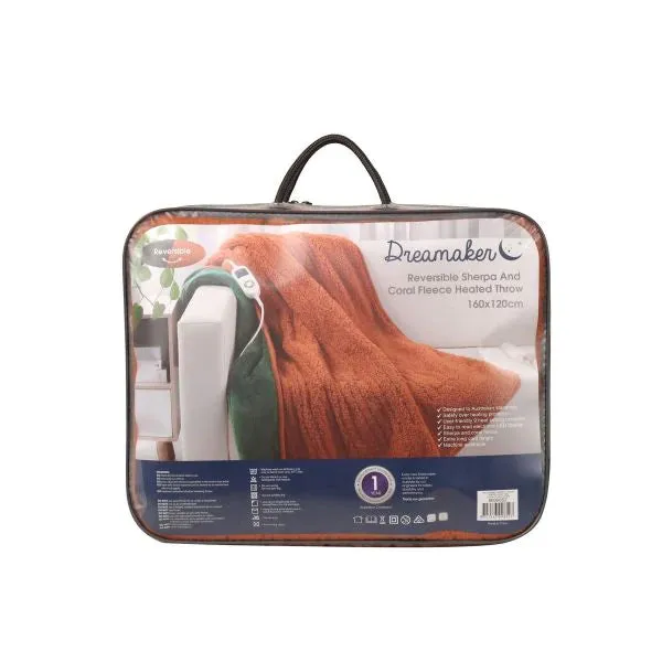 Dreamaker Reversible Sherpa and Coral Fleece Heated Throw - Rust and Eden Green