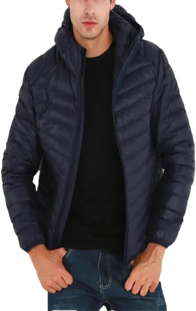 Dvbfufv Men Lightweight Hooded Down Jacket Men Windproof Warm Lightweight Down Jacket Man Solid Parka Coat