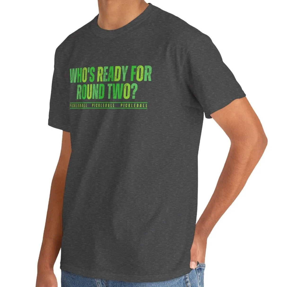 Eddy and Rita Men's Heavy Cotton T-Shirt - "Who's Ready for Round Two Pickleball" Graphic Tee for Pickleball Enthusiasts
