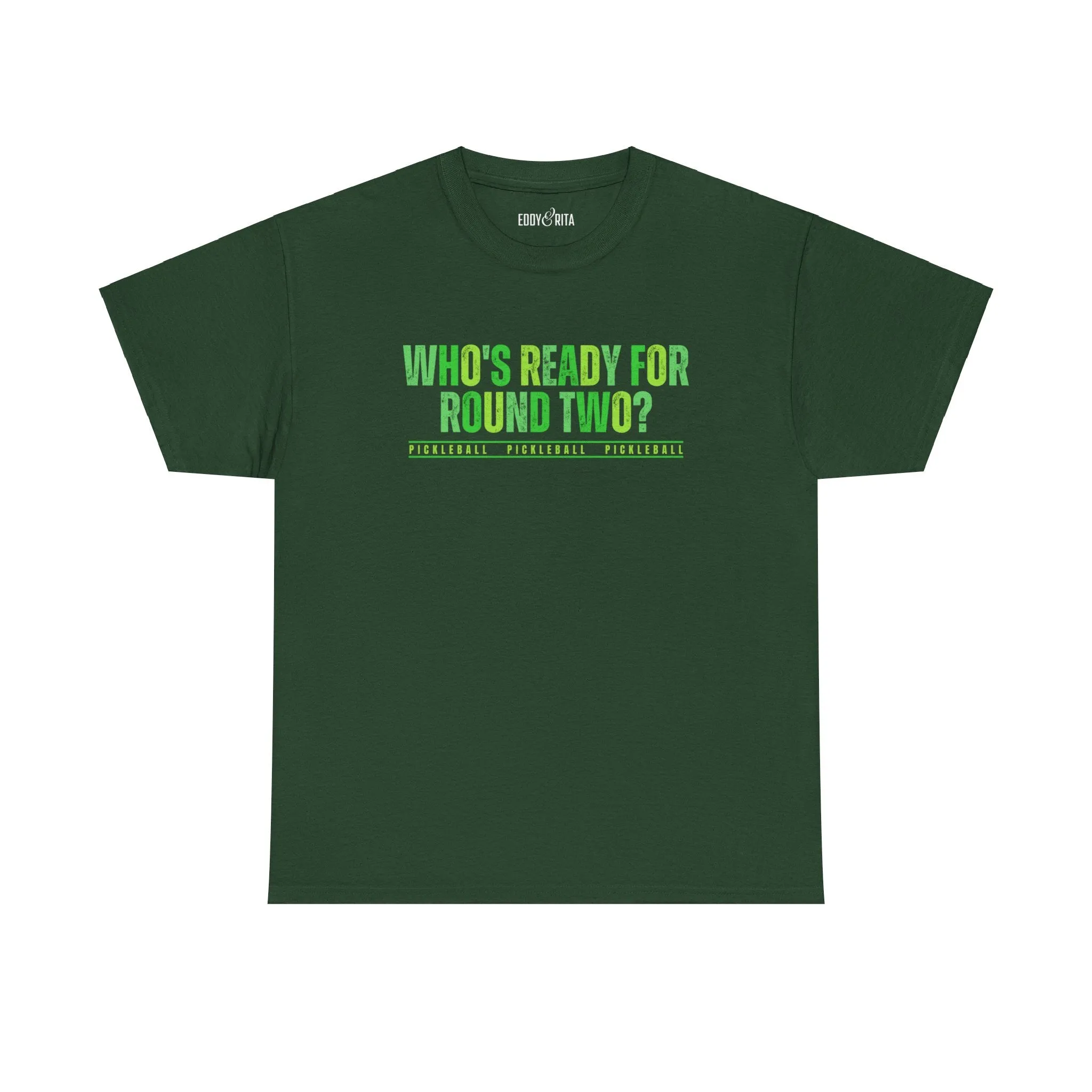Eddy and Rita Men's Heavy Cotton T-Shirt - "Who's Ready for Round Two Pickleball" Graphic Tee for Pickleball Enthusiasts