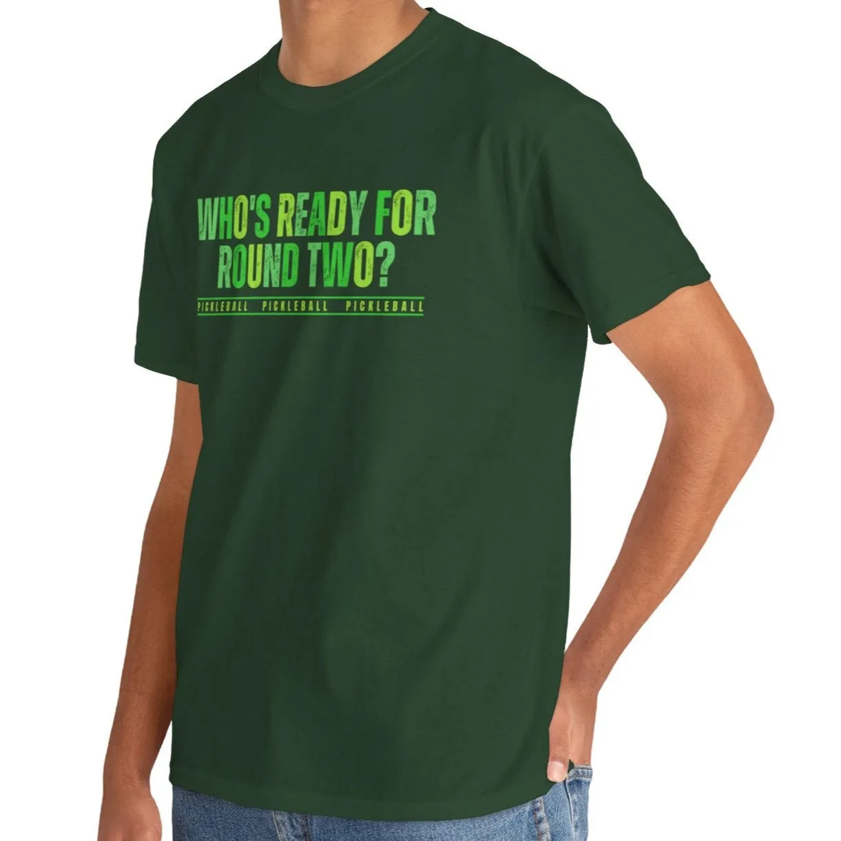 Eddy and Rita Men's Heavy Cotton T-Shirt - "Who's Ready for Round Two Pickleball" Graphic Tee for Pickleball Enthusiasts