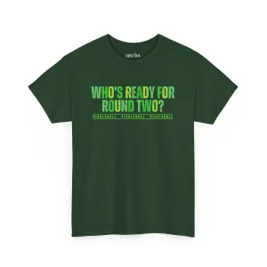 Eddy and Rita Men's Heavy Cotton T-Shirt - "Who's Ready for Round Two Pickleball" Graphic Tee for Pickleball Enthusiasts
