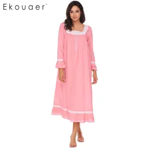 Ekouaer Brand Vintage Nightwear Women Square Neck Long Sleeve Lace-Trimmed Nighties Sleepwear Casual Loose Victoria Nightgown