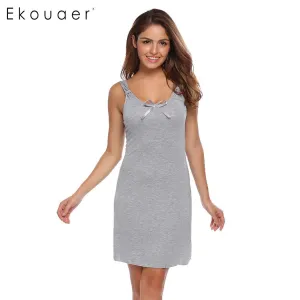 Ekouaer Fashion Slim Nightwear Women Spaghetti Strap Sleeveless Solid Nighties Sleepwear Summer Casual Bow Sleepwear