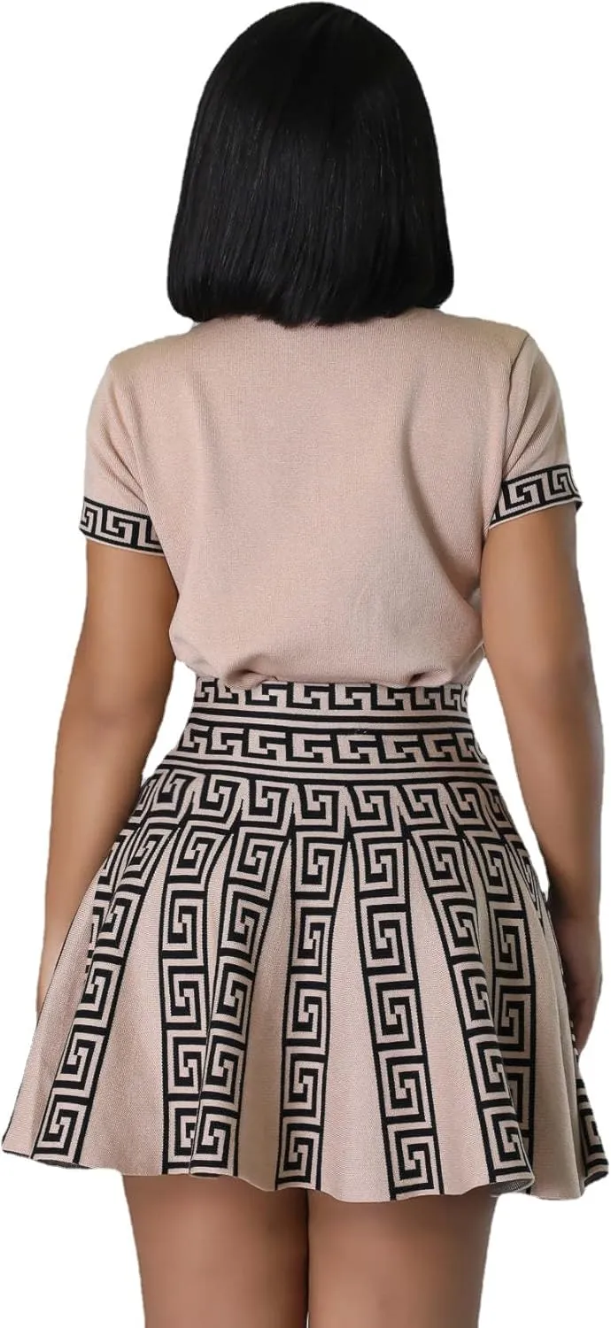 Elegant and Fashionable Knitted Skirt Set, Women's Sexy Two-Piece Set with Exposed Navel top and Pleated mini Dress Set