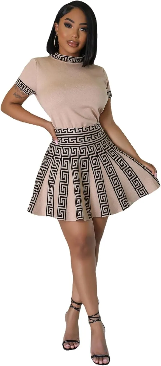 Elegant and Fashionable Knitted Skirt Set, Women's Sexy Two-Piece Set with Exposed Navel top and Pleated mini Dress Set
