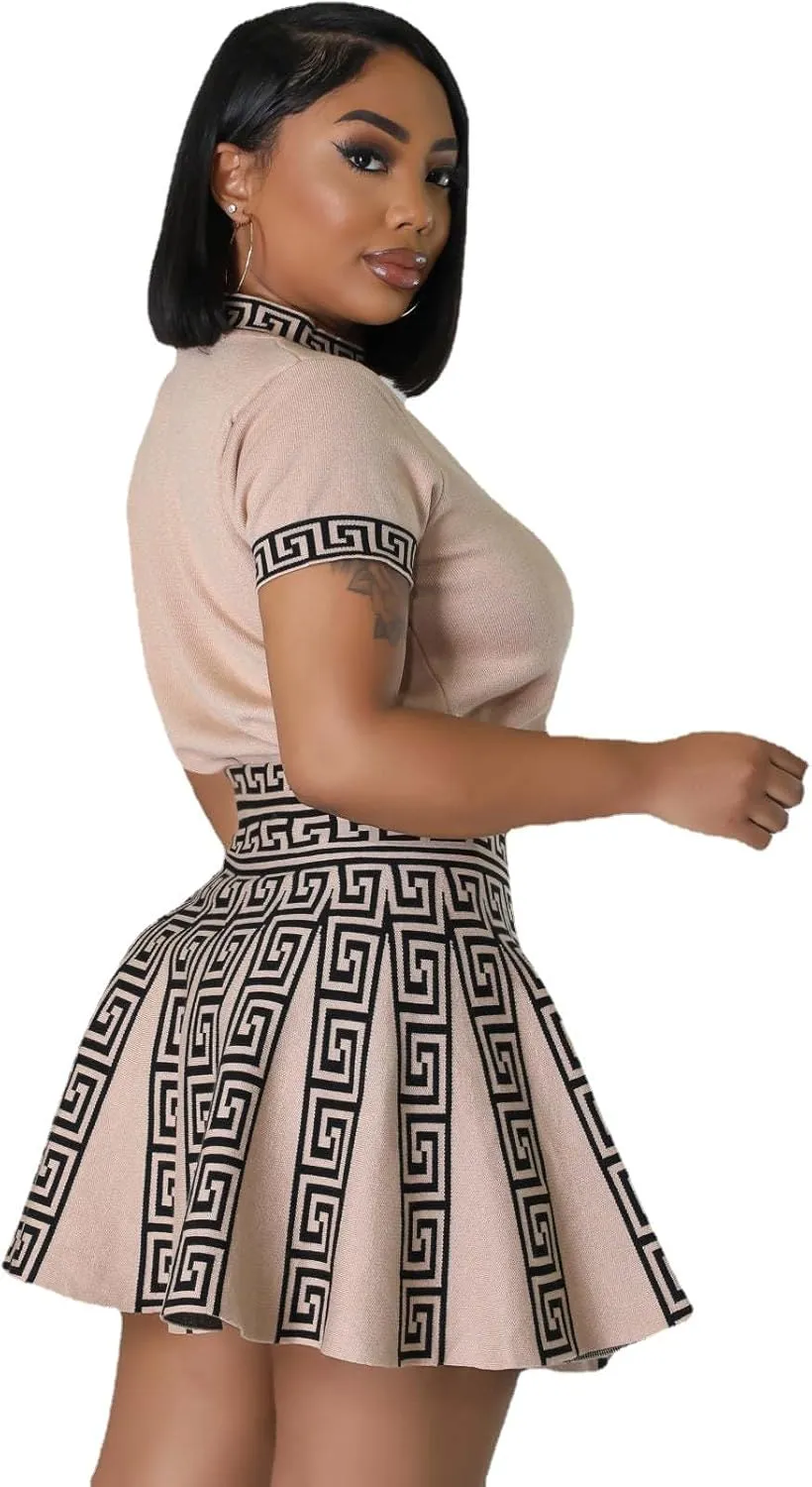 Elegant and Fashionable Knitted Skirt Set, Women's Sexy Two-Piece Set with Exposed Navel top and Pleated mini Dress Set