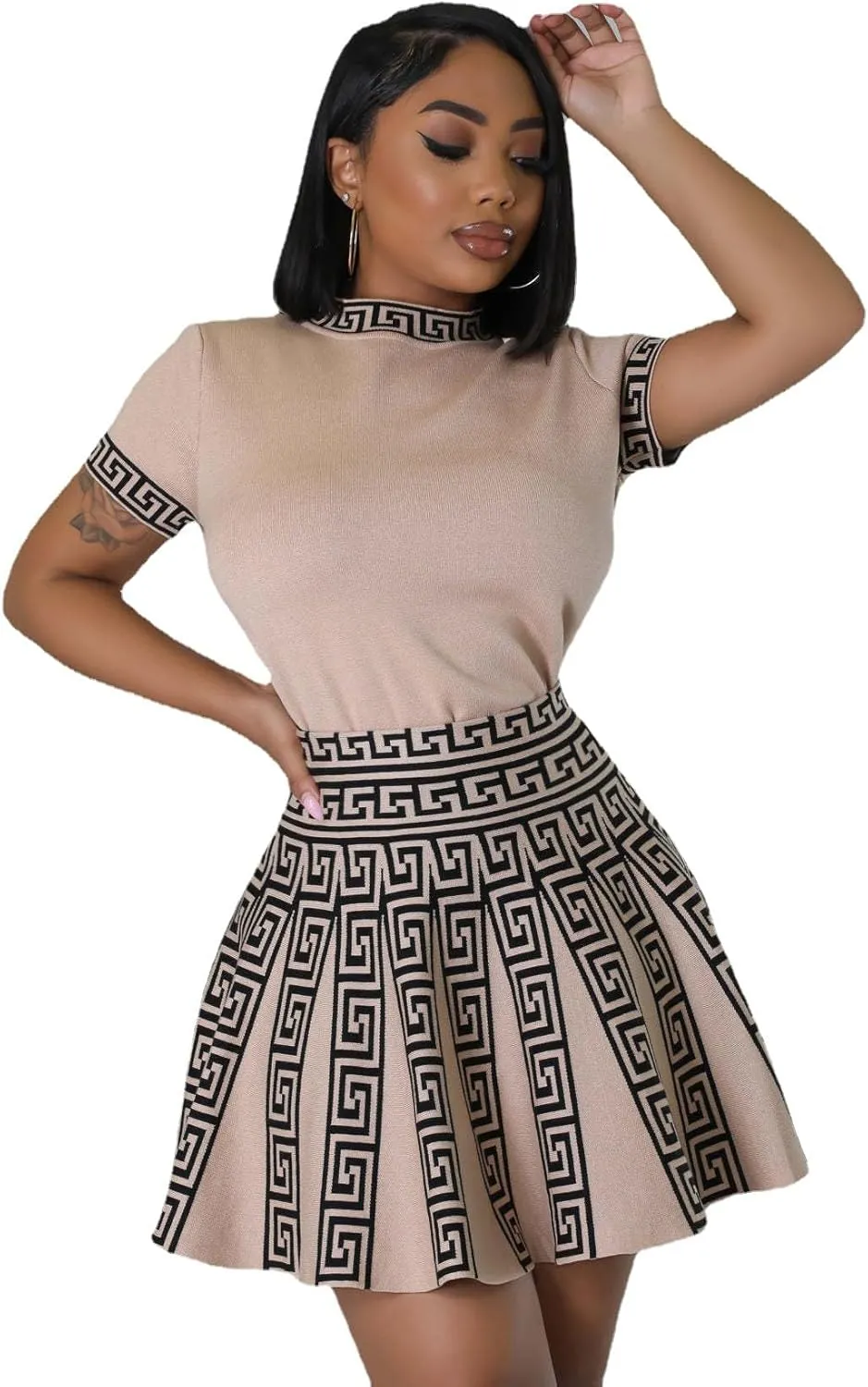 Elegant and Fashionable Knitted Skirt Set, Women's Sexy Two-Piece Set with Exposed Navel top and Pleated mini Dress Set