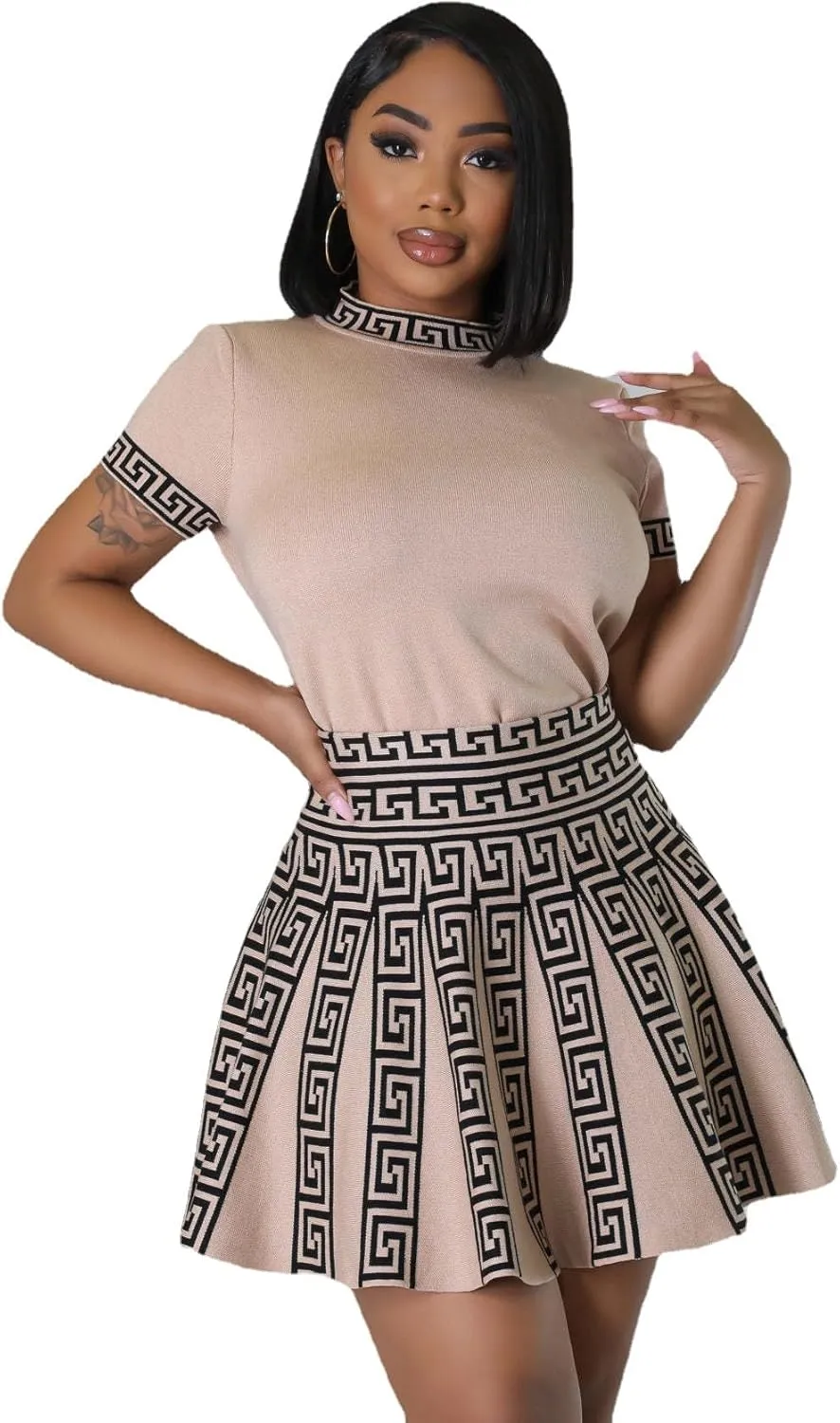 Elegant and Fashionable Knitted Skirt Set, Women's Sexy Two-Piece Set with Exposed Navel top and Pleated mini Dress Set