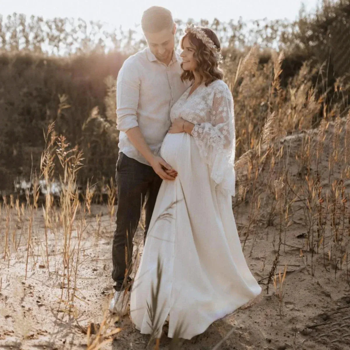 Elegant Cotton Boho Maternity Gown Dress for Moms-to-be