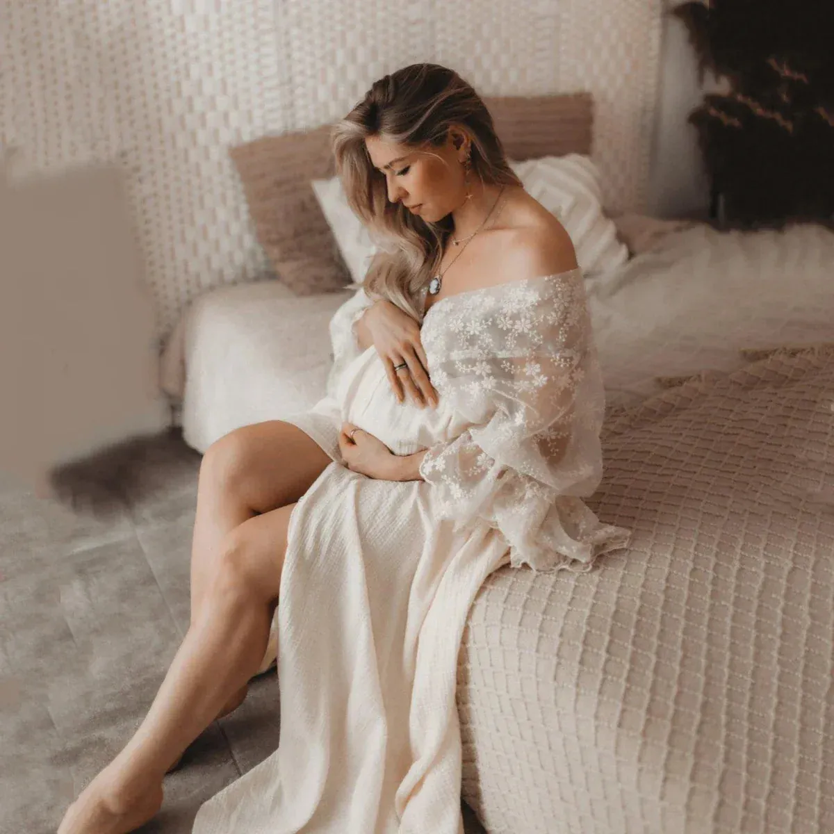 Elegant Cotton Boho Maternity Gown Dress for Moms-to-be