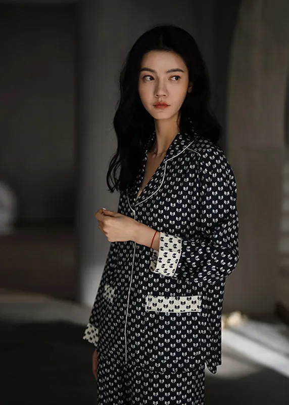 Elegant Peter Pan Collar Dot Button Ice Silk Pajamas Two Pieces Set Long Sleeve